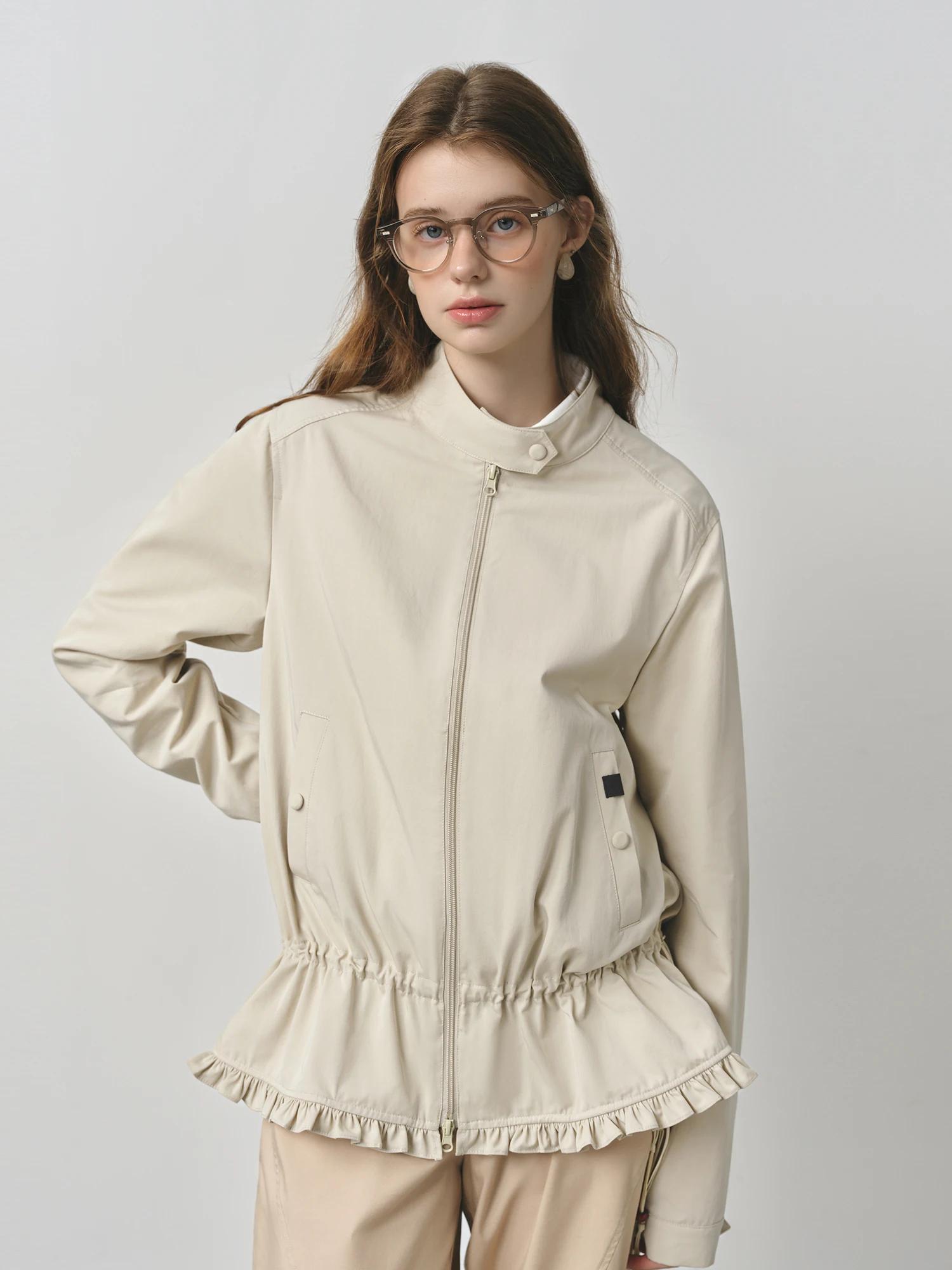 FSLE 2025 nouvelles femmes épaule droite col montant veste 2025 automne Style coréen cordon doux fle