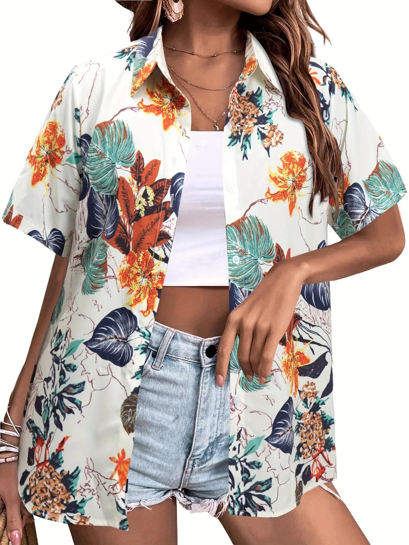 Mode d'été femmes hawaïen cocotier imprimé à manches courtes revers décontracté bouton chemise hauts