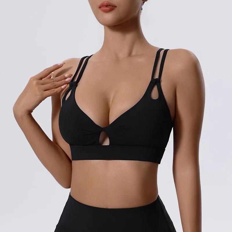 Soutien-gorge sport femme push-up - Brassière fitness respirante à sangle croisée