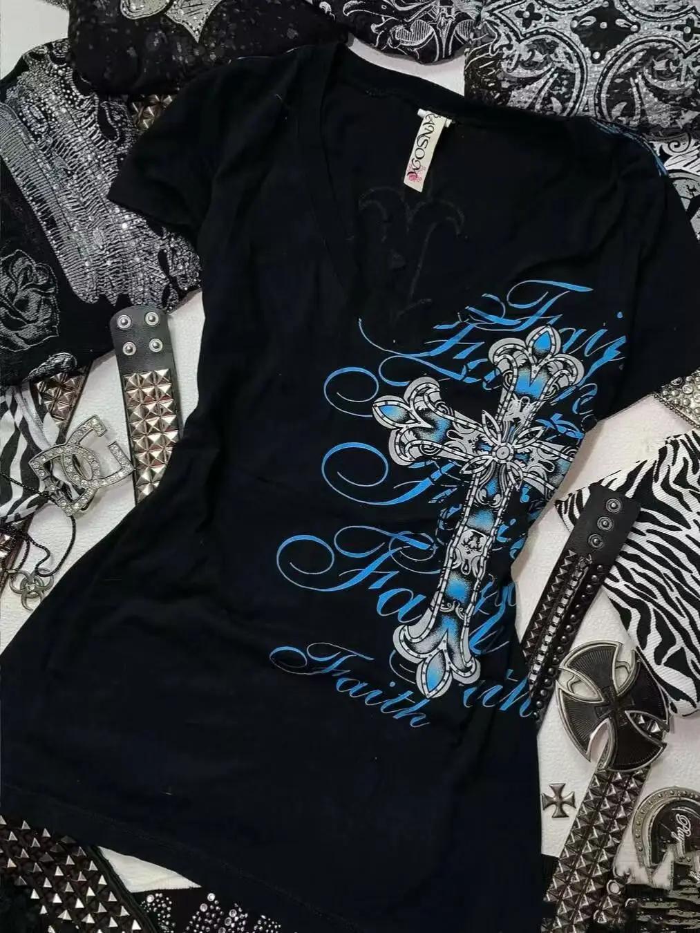 Rock gothique Streetwear lettre croix graphique t-shirts Gyaru 2000s vêtements haut Harajuku femmes 