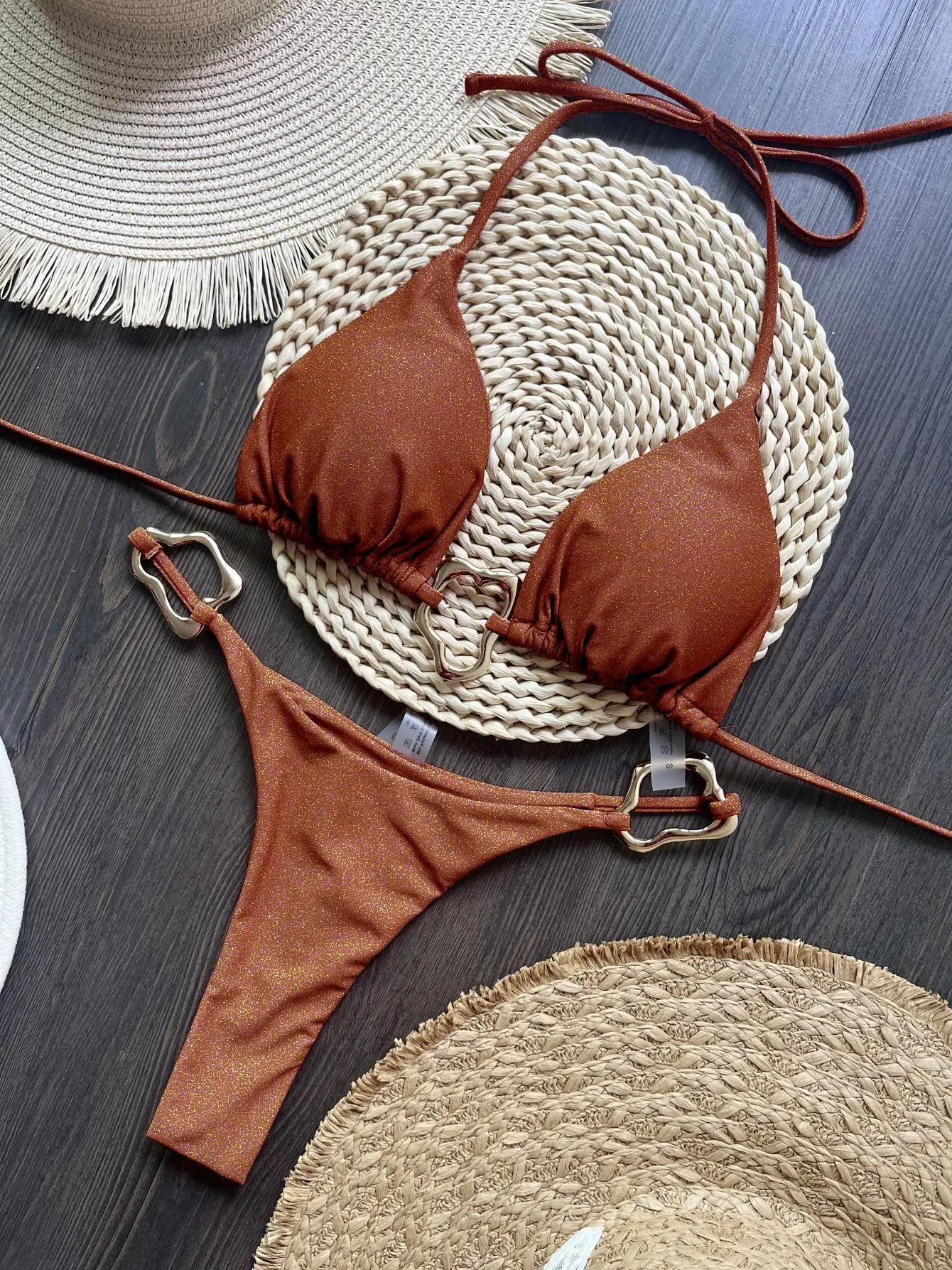 Micro bikini sexy à bretelles 2026 pour femme, maillot de bain uni, ensemble de bikinis string, tenu