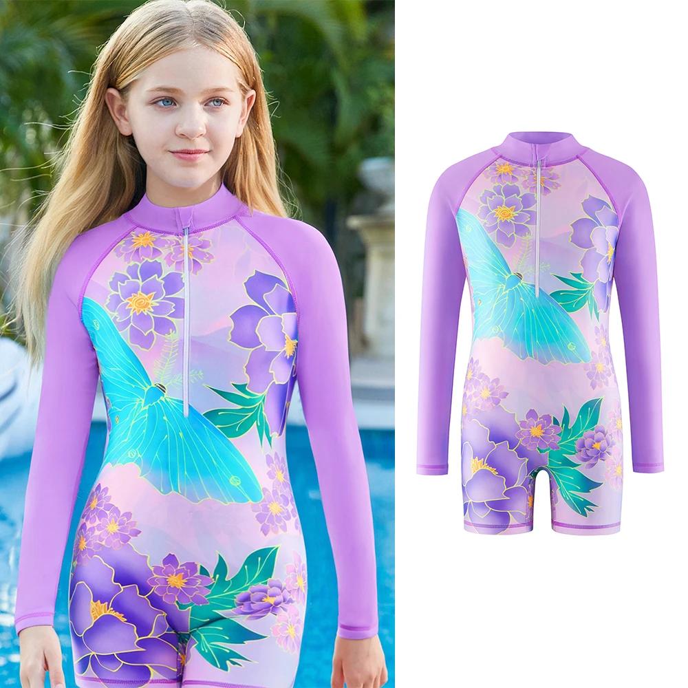 Maillot de bain une pièce pour filles, tenue d'été à manches longues, short de protection contre les