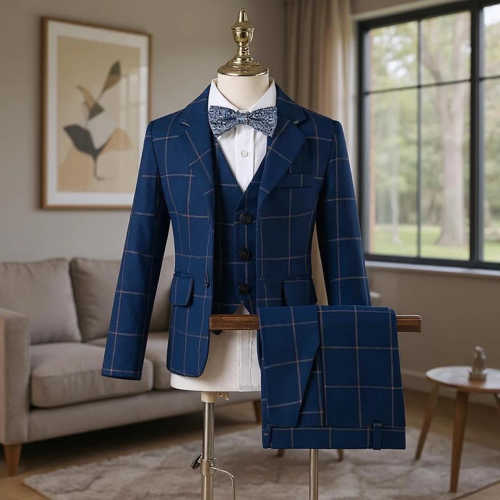 Costume formel à carreaux pour garçons, 3 pièces, smoking de mariage pour enfants, pour hôte, specta