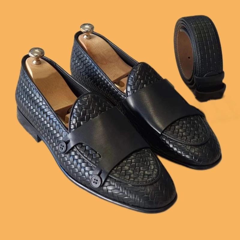 Mocassins d'affaires en cuir PU pour hommes, chaussures provoqué en tricot, marron, noir, fait à la 