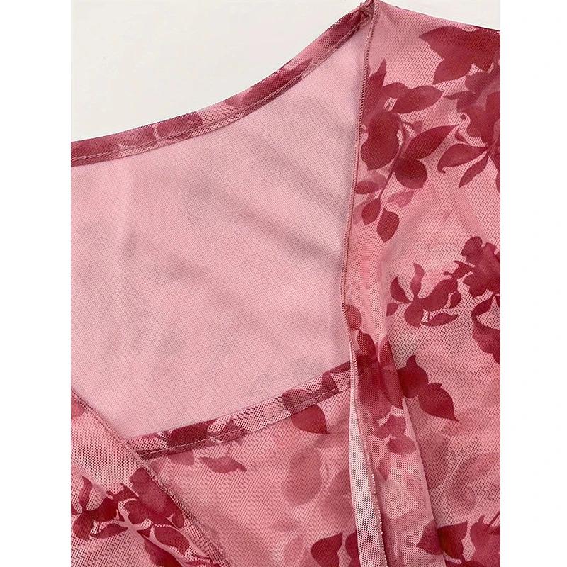 T-shirt d'été en maille pour femmes, imprimé Floral Y2k, doux, col en v, robe de plage, haut à manch