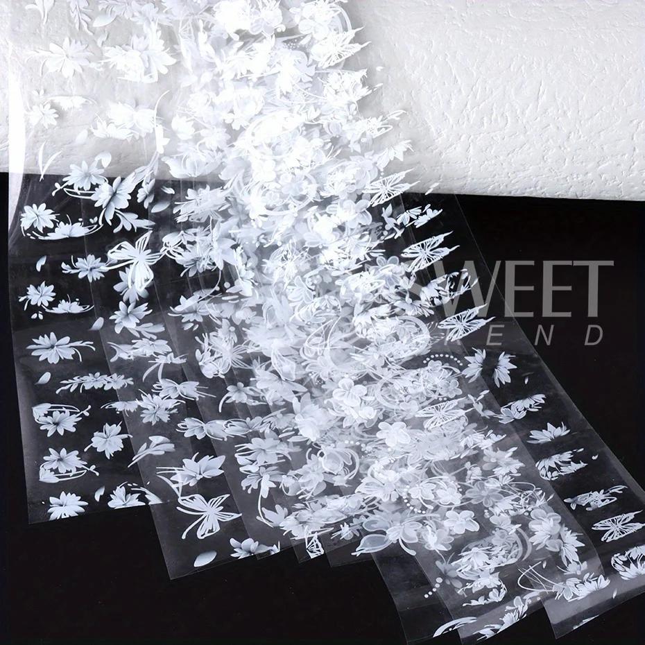 Feuilles autocollantes de transfert d'ongles, 10 rouleaux de pétales de fleurs blanches élégantes, p