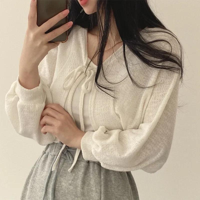 Cardigan Blanc Fin à Lacets pour Femme, Tricot d'Été, Protection Solaire, Mode Coréenne, Manches Lan