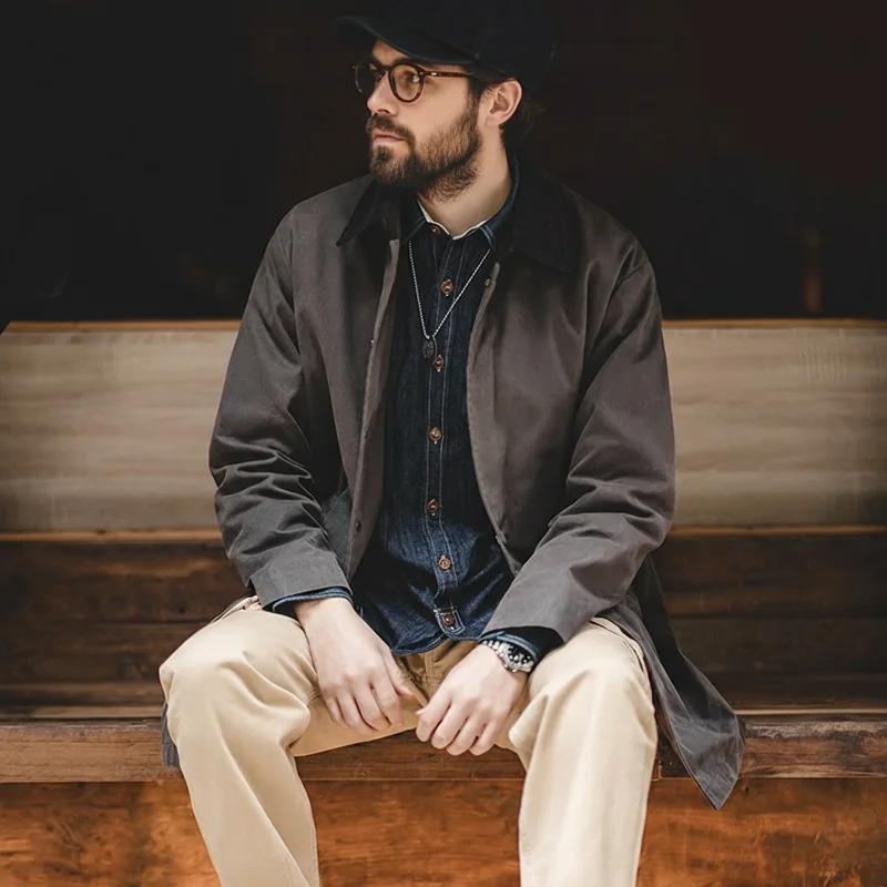 Maden Manteau vintage pour homme avec traitement ciré Manteau mi-long avec col en velours Protection