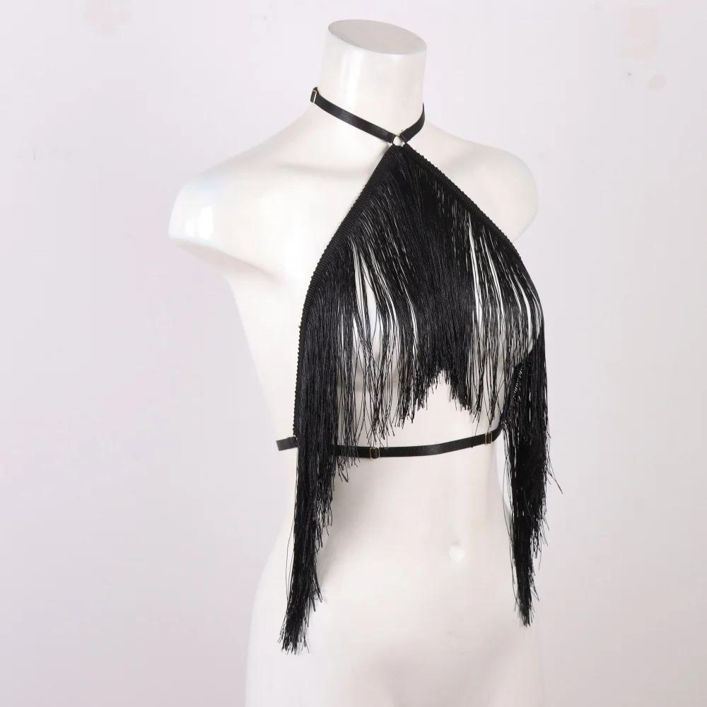 Haut licou à pampilles noires pour femmes, harnais élastique réglable, vêtements toutes saisons, hau