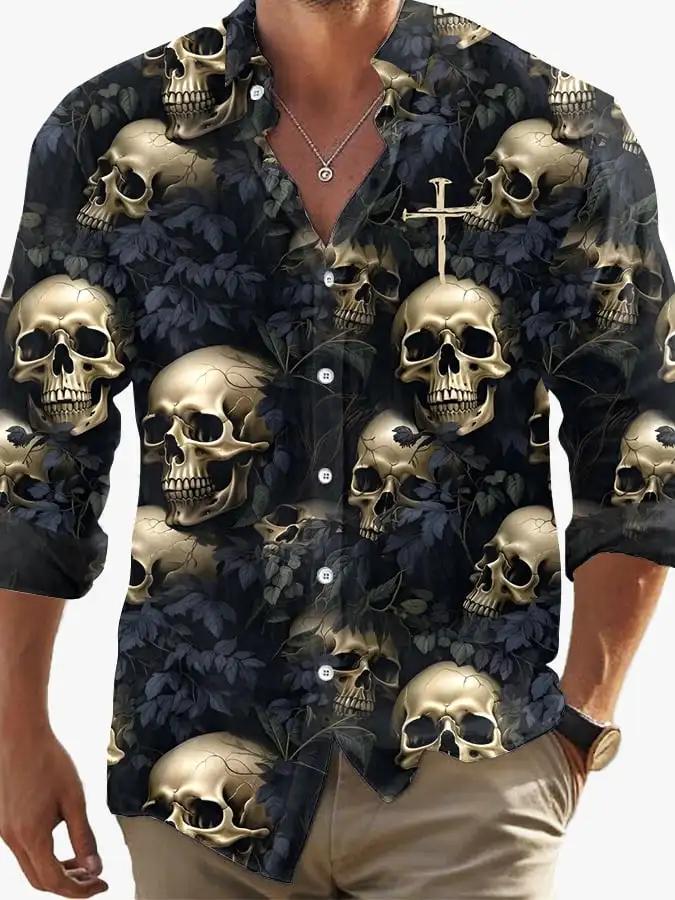 Chemise à manches longues pour hommes, Vintage, imprimé crâne foncé, fête d'halloween, imprimé tête 