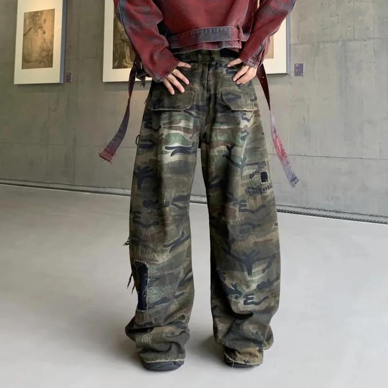 Faux jean déchiré délavé de Camouflage pour hommes, pantalon décontracté, ample et droit, nouvelle c