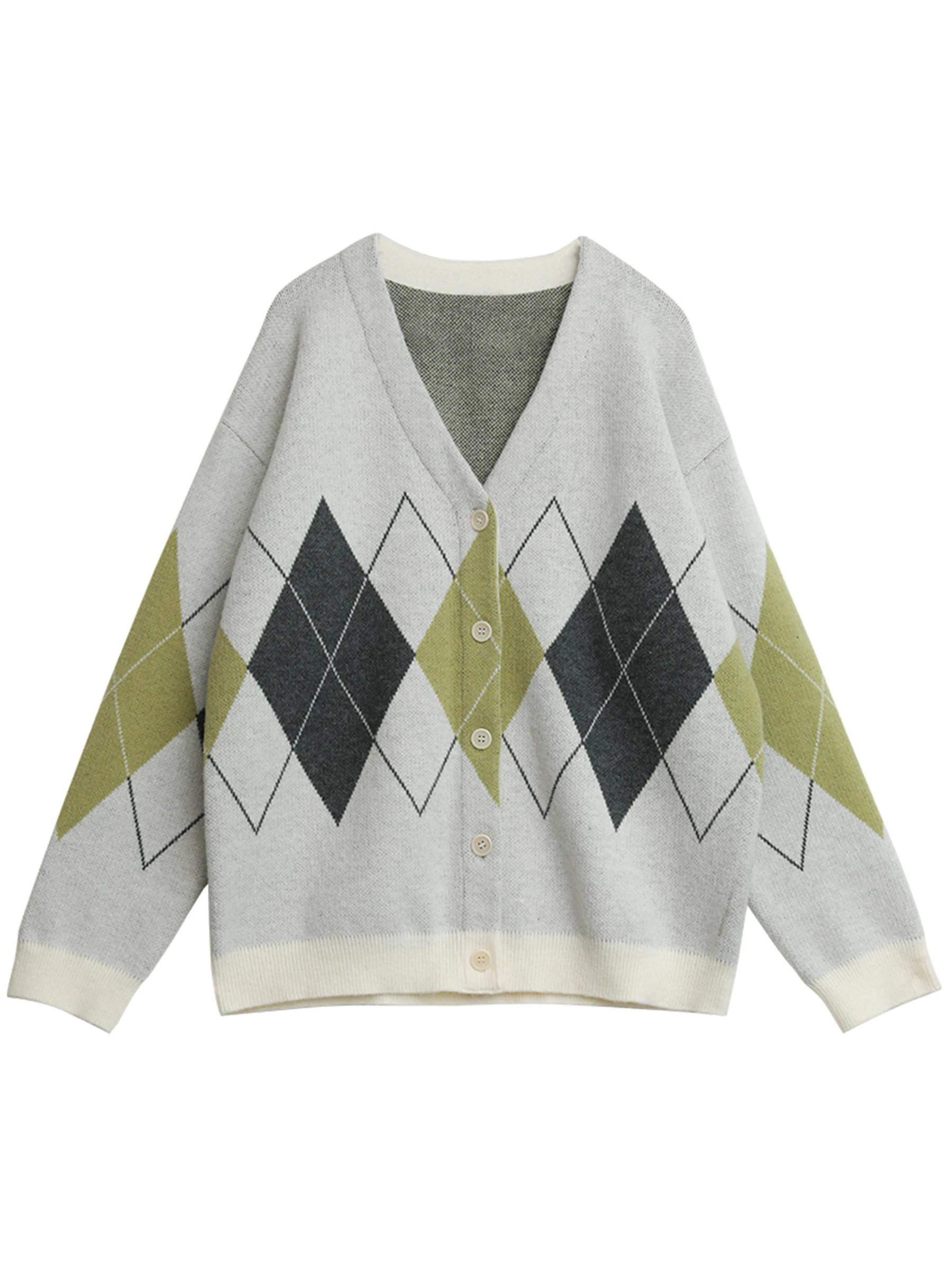 CHIC VEN femmes chandails ample décontracté rétro diamant grille Jacquard tricoté dames Cardigan col