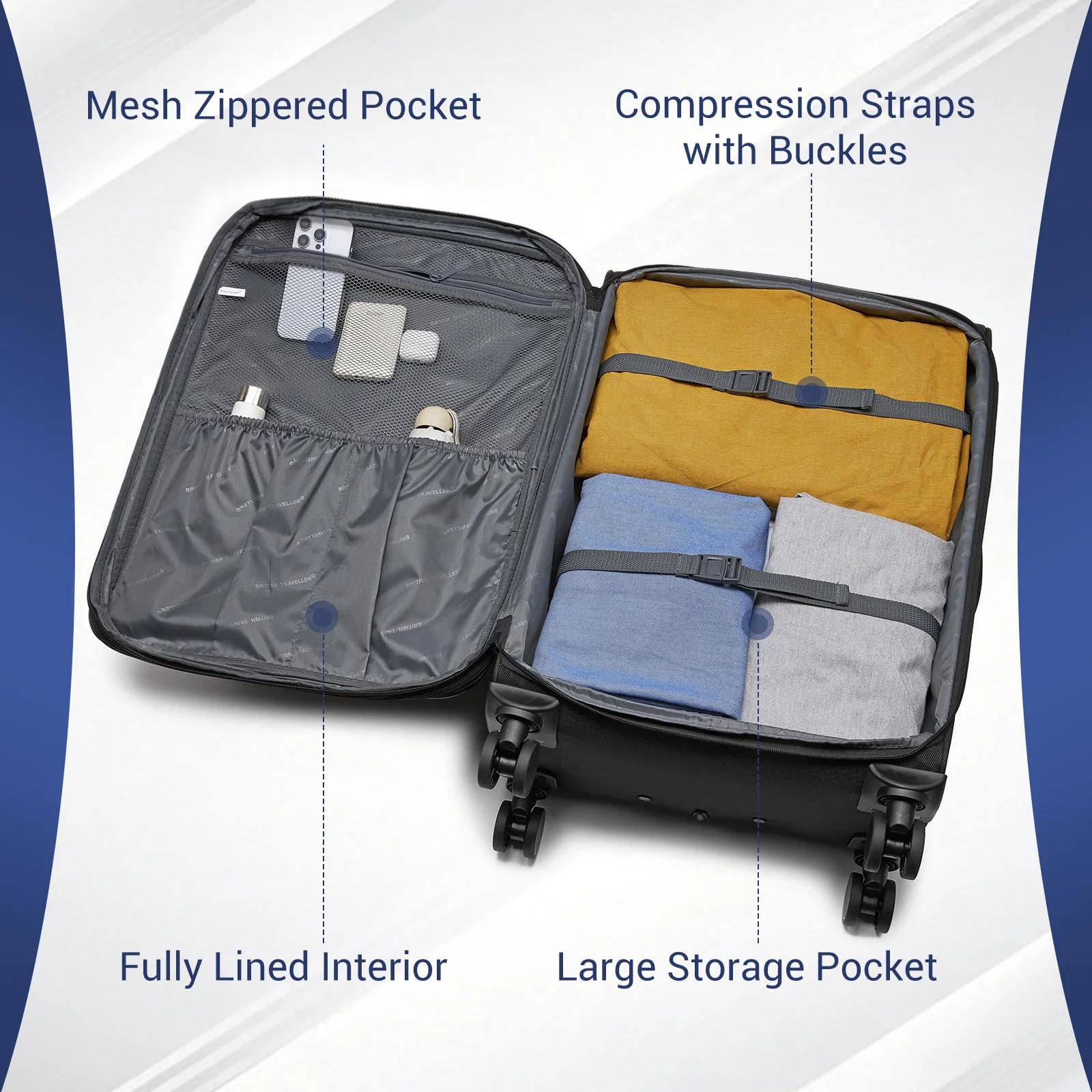 Valise British Traveller - Poignée réglable, 4 roulettes pivotantes, légère, serrure TSA - Bagage en