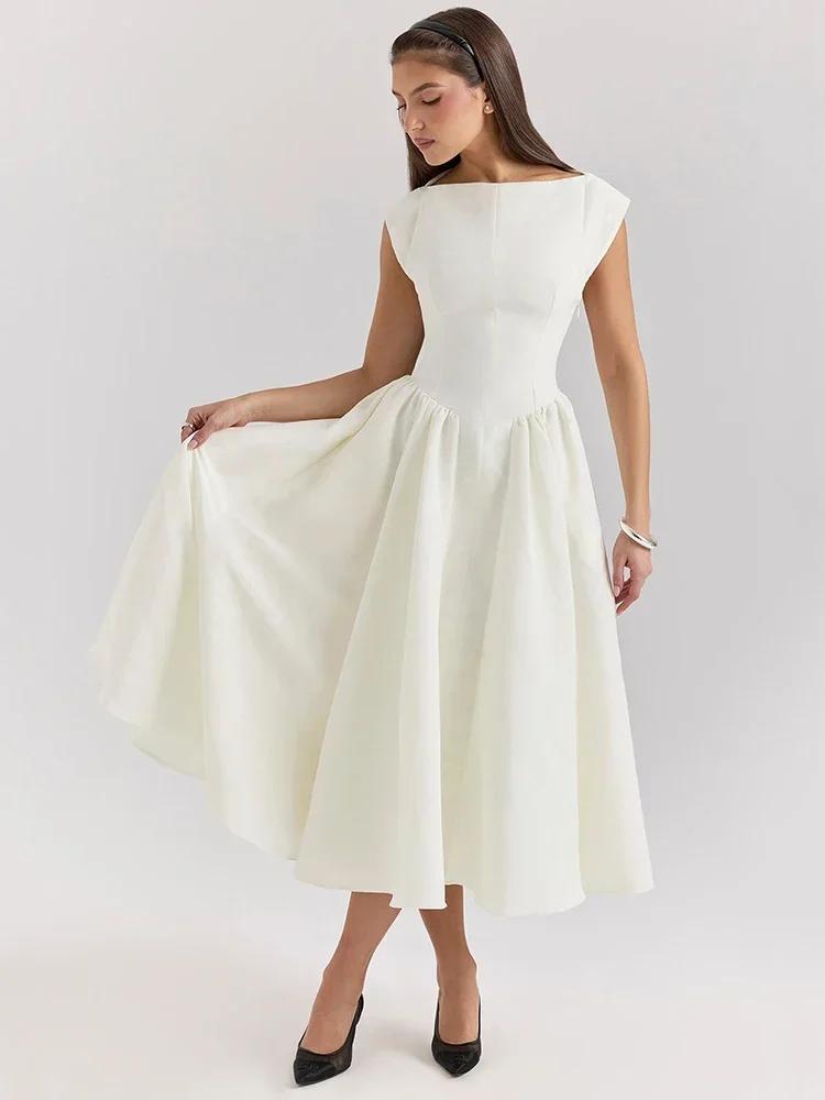 Oligai Robe Longue Crème Femme - Robe Élégante Manches Cape Dos Nu Coupe Cintrée Évasée pour Anniver