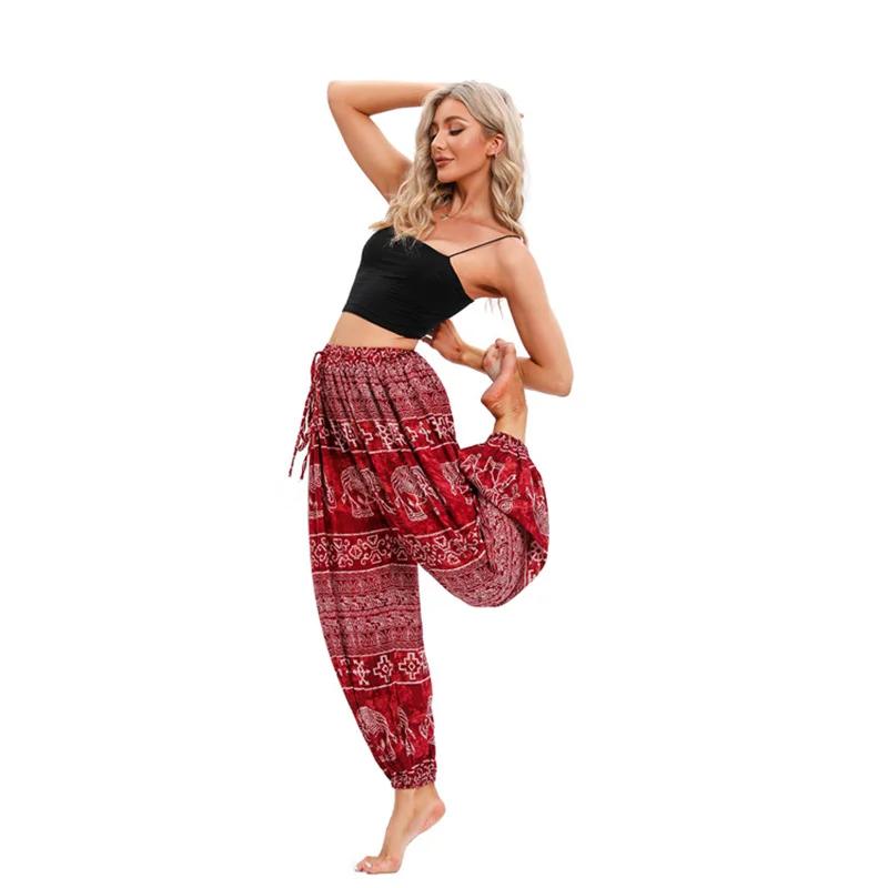 Pantalon de yoga style bohème pour femmes, taille haute, imprimé, embau, tenue de plage