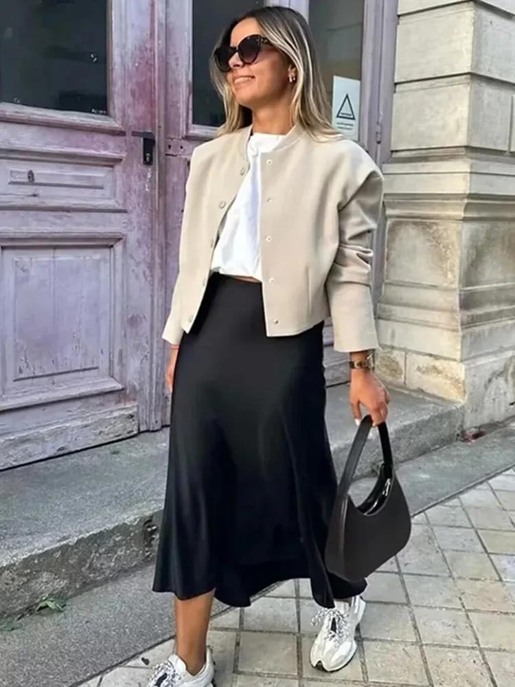 Willshela 2024 jupe en Satin noir femme taille haute jupes longues élégantes pour les femmes mode ét