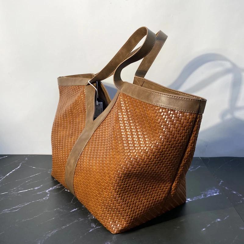 Sac à bandoulière tissé en forme de Y surdimensionné, style rétro européen et américain, grande capa