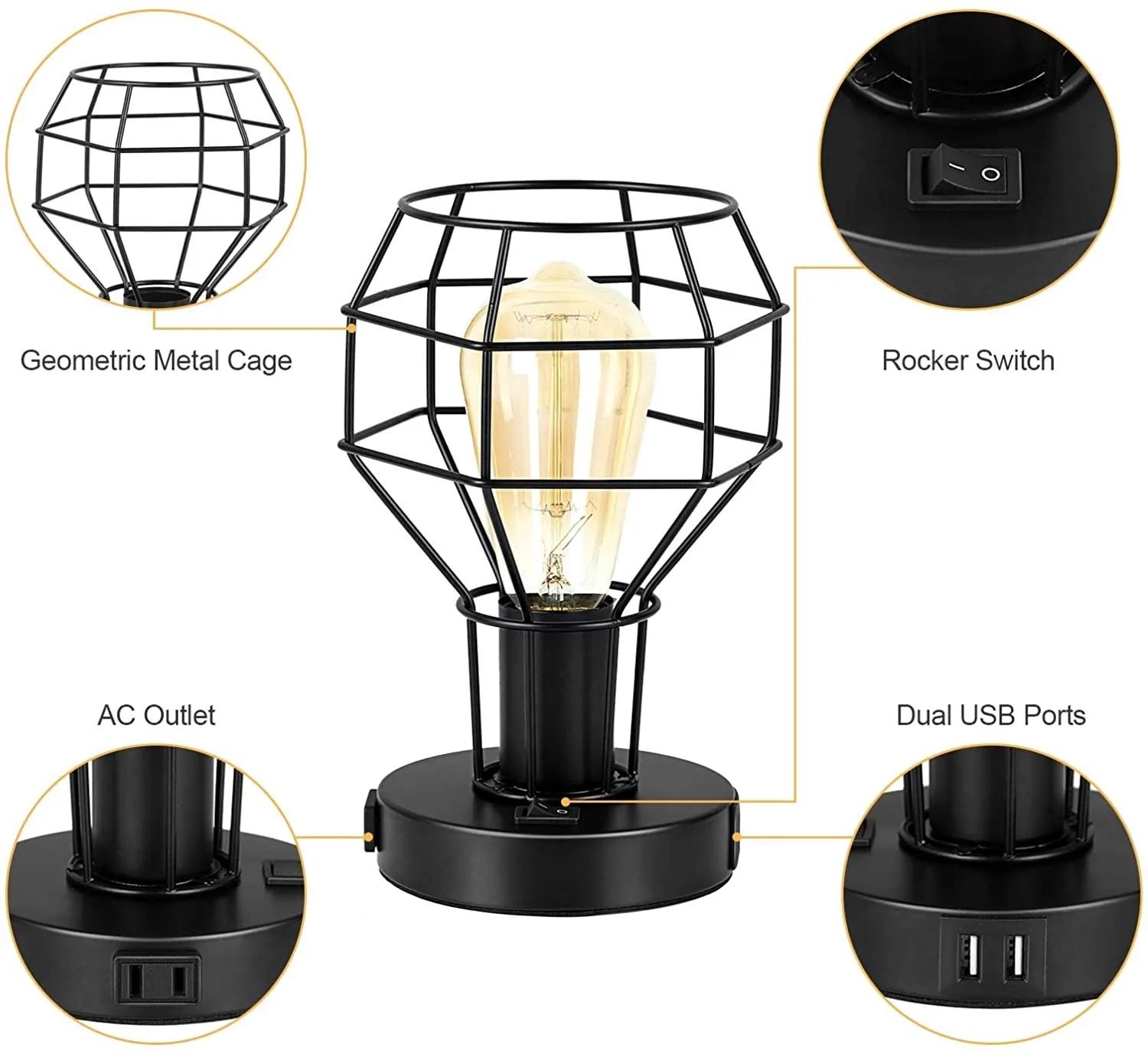 Petite lampe de table industrielle avec port de charge USB, lampe de bureau vintage avec prise pour 