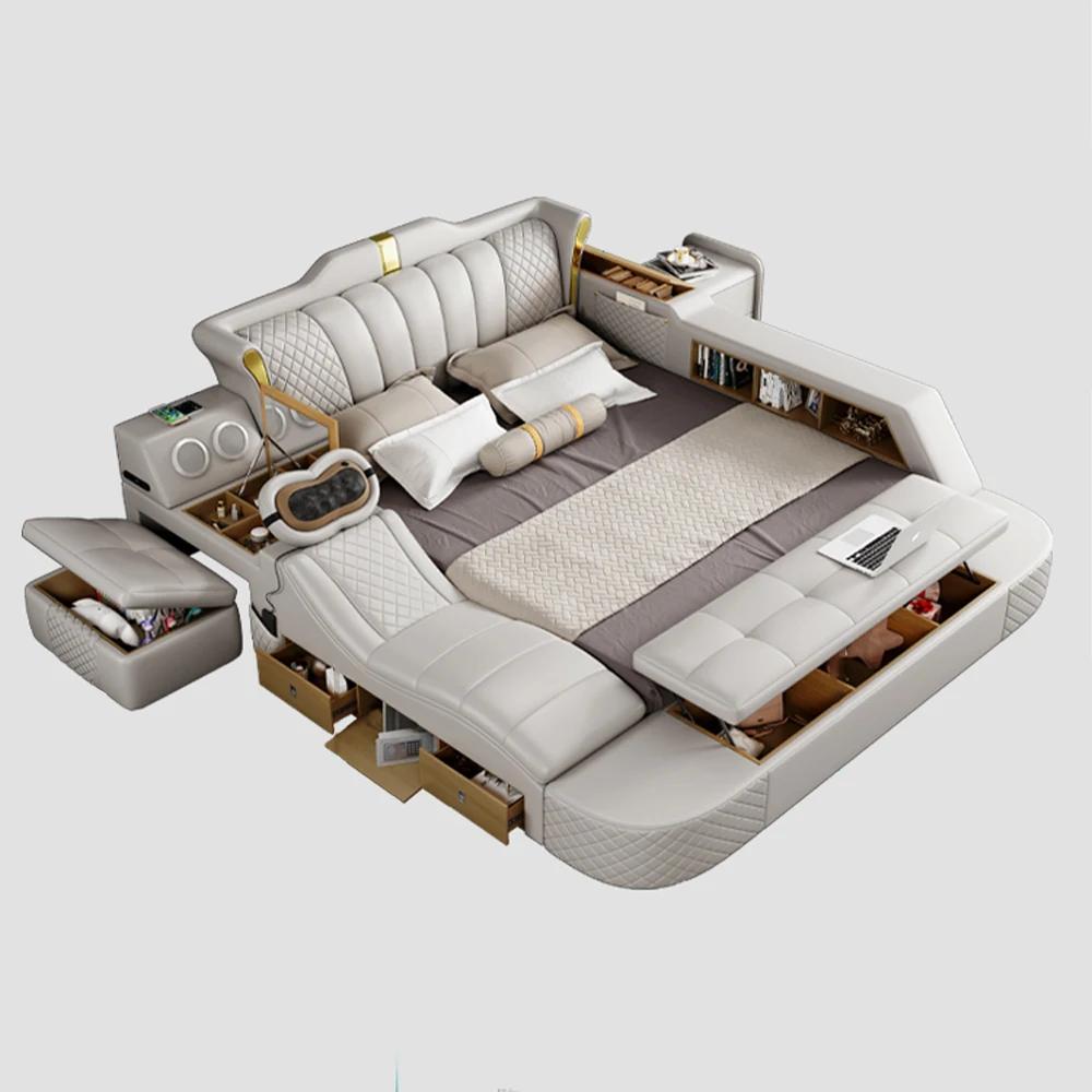 MINGDIBAO-Lit intelligent pour 2 personnes avec cadre King Size, lit Queen, cuir véritable, massage,