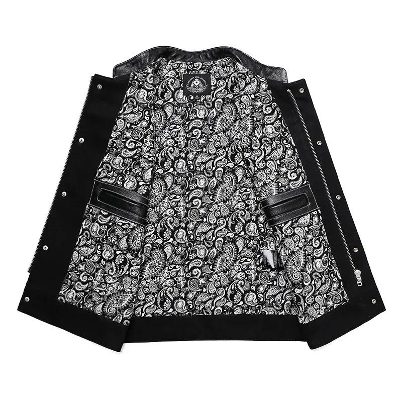 SOA-Gilet de motard en cuir de vachette pour homme, veste en cuir de moto, veste en jean patchwork, 