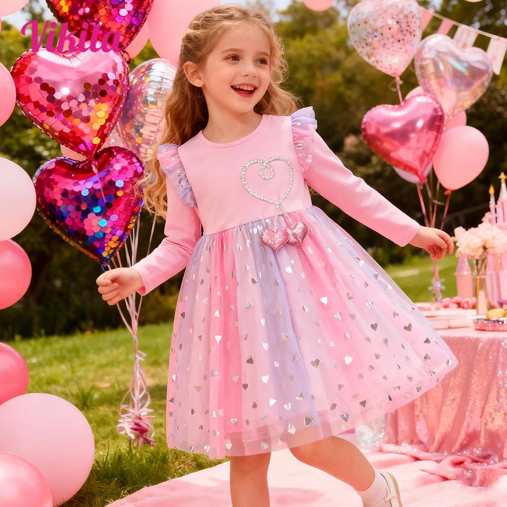 VIKITA fille manches évasées automne printemps robe rose enfants coeur forme maille Tulle princesse 