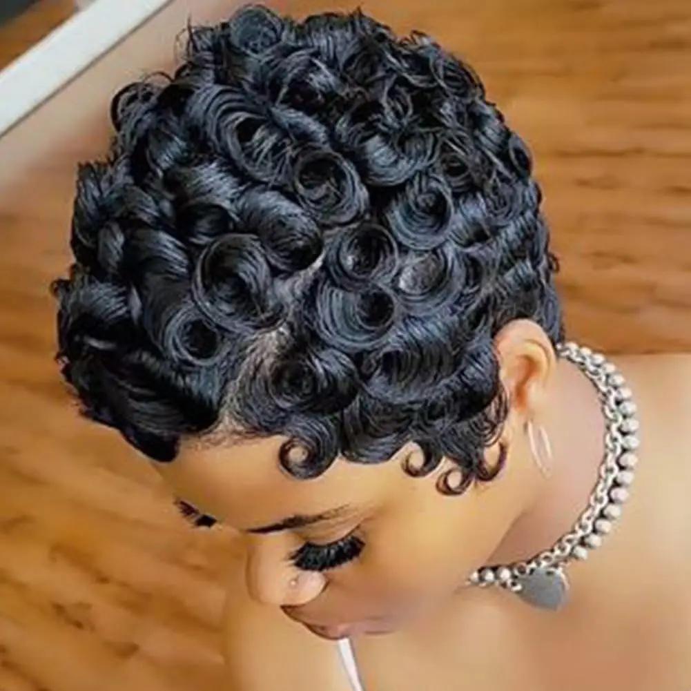 Perruques courtes coupe lutin pour femmes noires cheveux synthétiques Afro perruque lutin couleur no