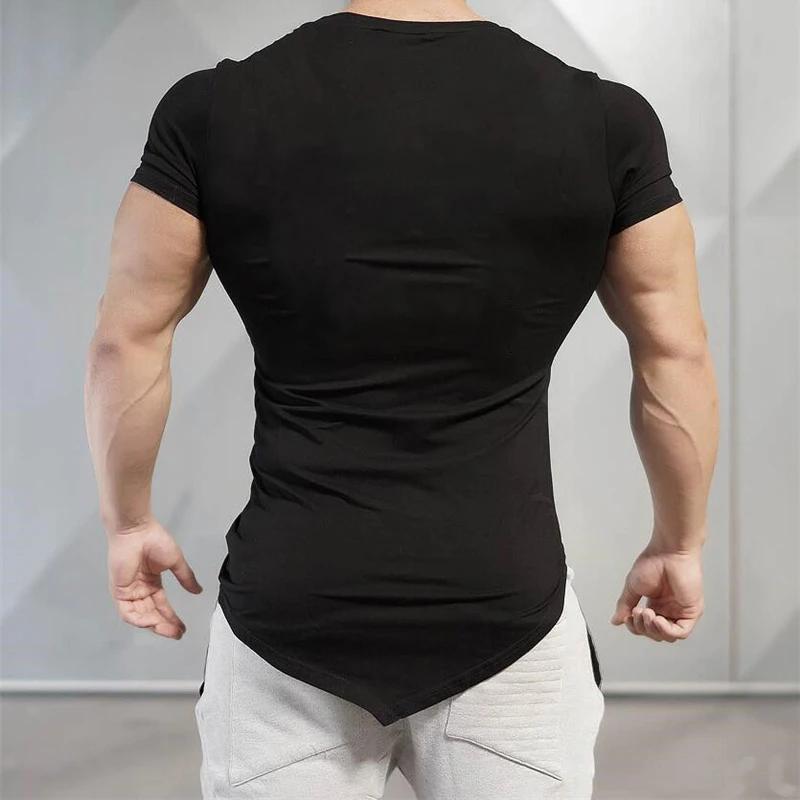 Couleur unie à manches courtes coupe ajustée col en v chemises gymnase musculation Fitness Muscle T-