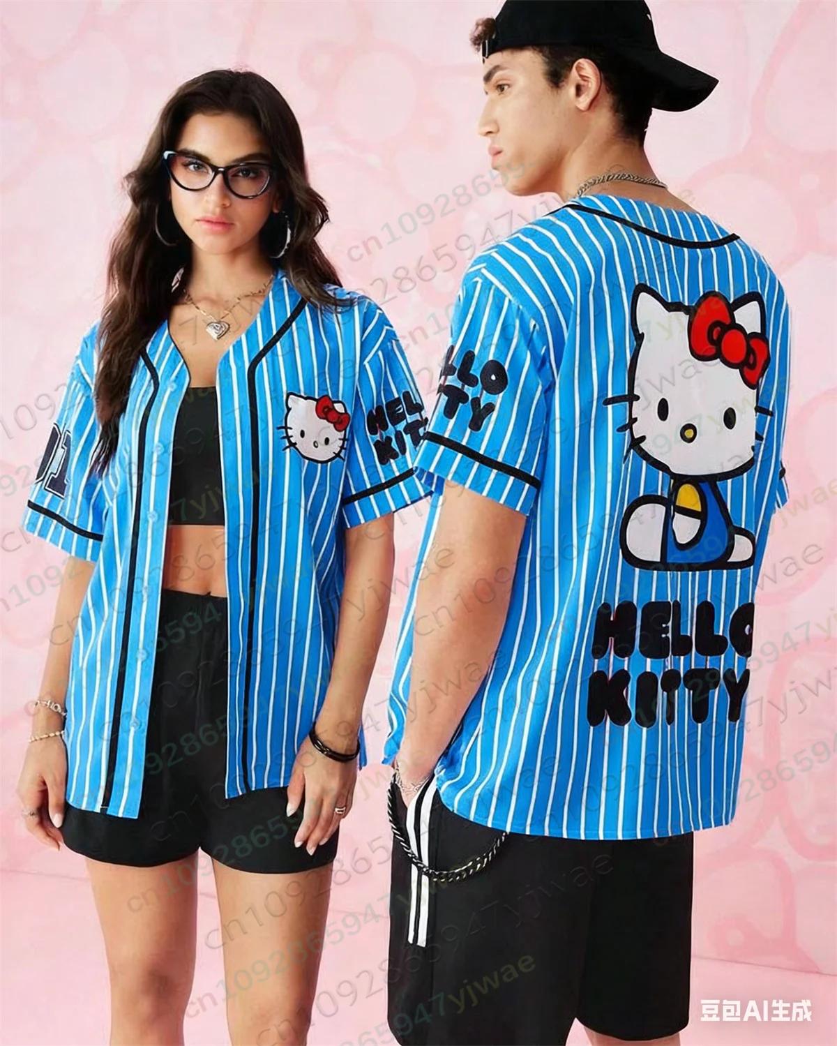 Maillot de baseball Hello Kitty classique à rayures, t-shirt à manches courtes avec motif de dessin 