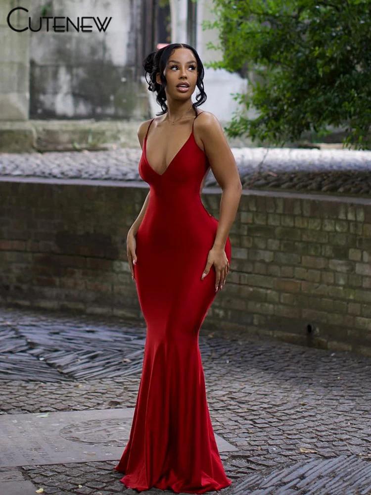 Nibber rouge brillant Spaghetti sangle Maxi Robe femmes solide Sexy dos nu froncé décolleté corps-sh