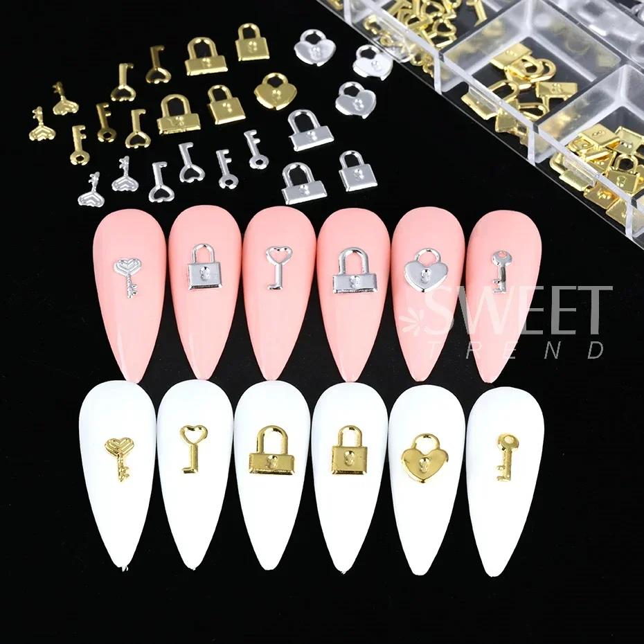 Clé de verrouillage en métal or argent, 12 grilles, pièces de décoration d'ongles, breloques en form