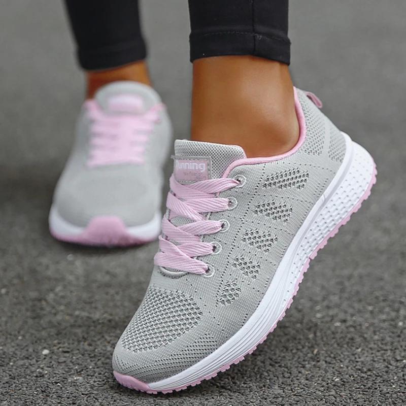 Baskets femme 2024 nouvelle mode respirant couleur unie marche baskets femmes maille tissu à lacets 