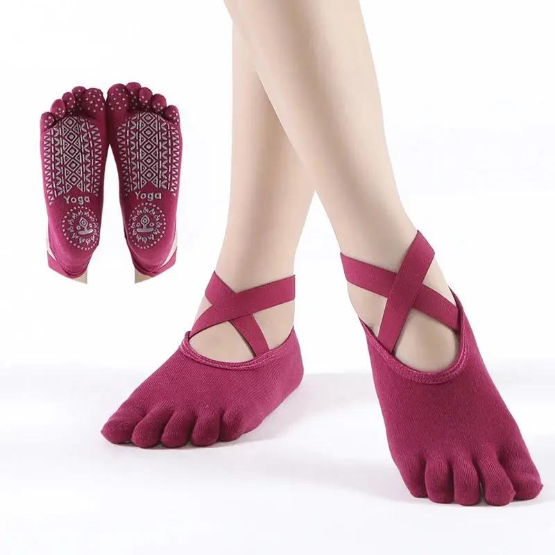 Chaussettes de Yoga respirantes à cinq orteils pour femmes, chaussettes de Pilates à bandes antidéra