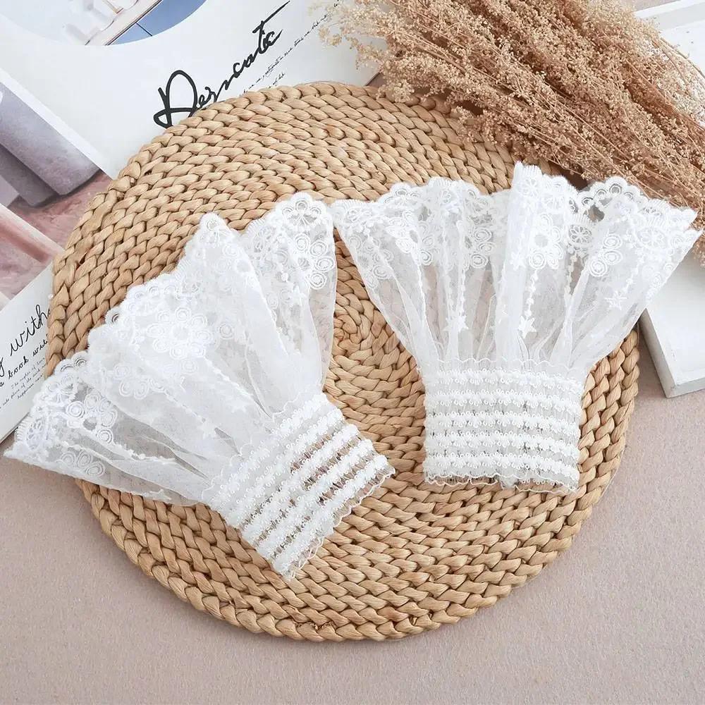 1 Paire de Faux Manchettes Amovibles en Dentelle Florale et Maille, à Double Couche, Plissées et Fro