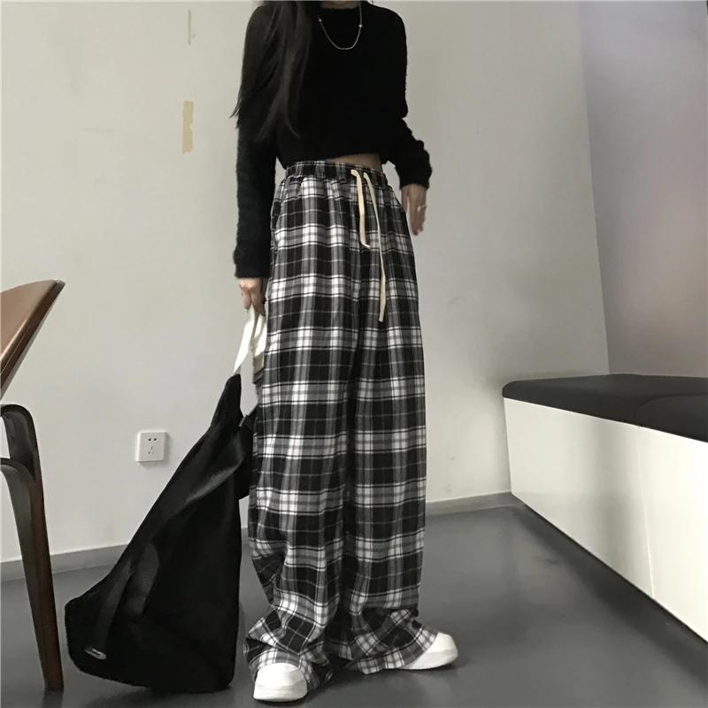 Pantalon de Survêtement Surdimensionné à Carreaux Noirs pour Femme, Baggy Décontracté, Taille artifi