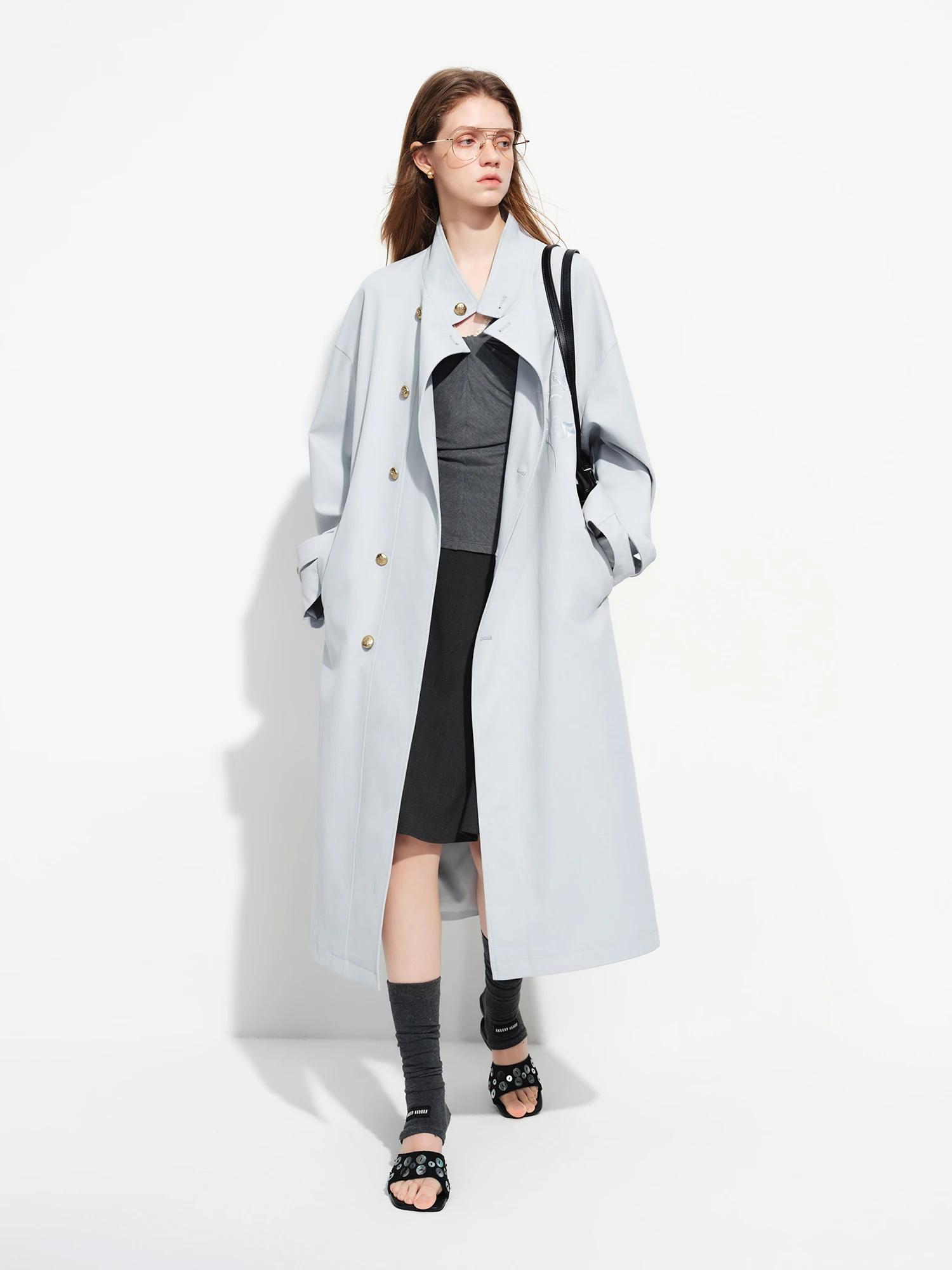 Manteau long kaki FSLE brodé de style chinois à col montant classique pour femme, collection Printem