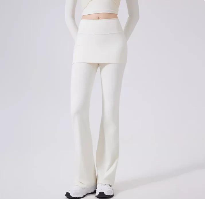 Pantalon faux deux pièces à taille haute légèrement évasé avec jupe intégrée pour femmes, idéal pour