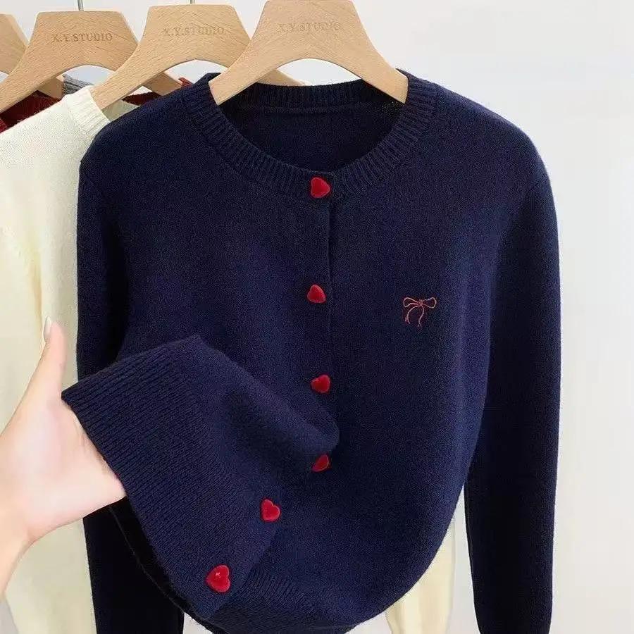 Cardigan en tricot pour femme 2026, broderie nœud, col rond, boutonnage simple, boutons en forme de 