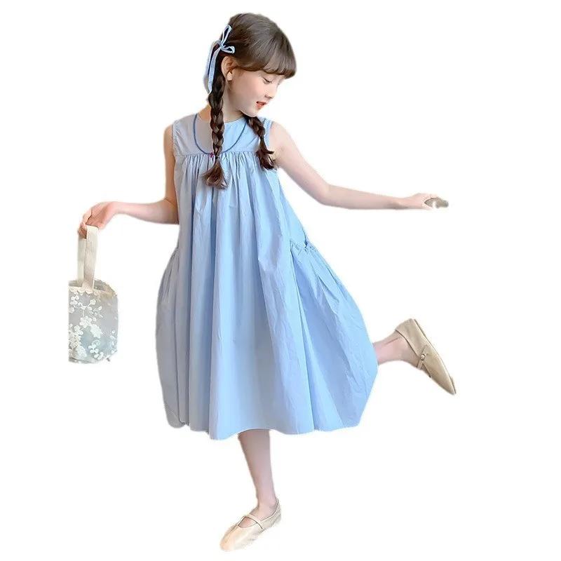 Robe d'été sans manches pour filles de 2 à 10 ans, couleur unie, grandes poches latérales, bleue, fr