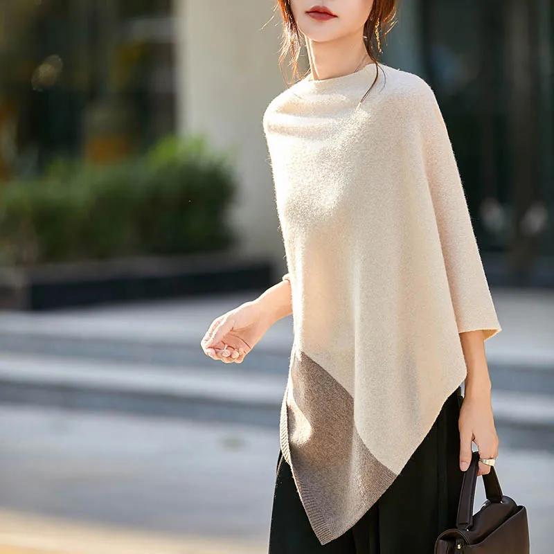 Cape en laine mérinos pour femmes, pull-over, châle, Style Simple, bureau, mi-longue, contrastée, au