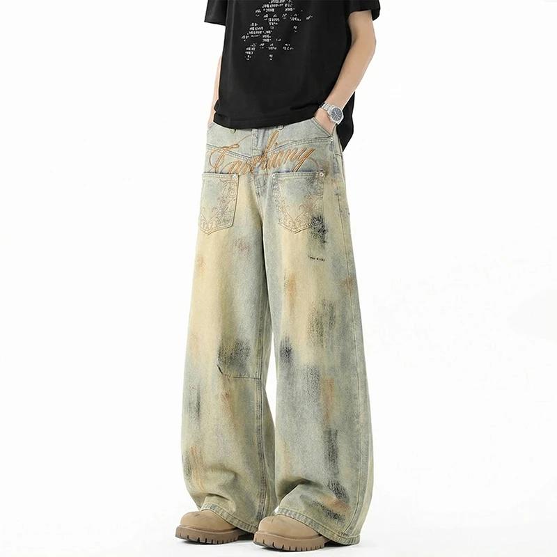 Jean vintage pour homme, délavé, effet vieilli, broderie script, coupe oversize, jambe large, style