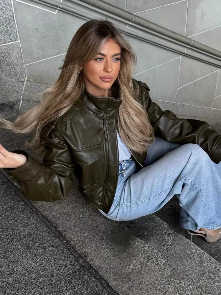 HH mode printemps femmes Faux cuir recadrée veste 2026 Vintage col rabattu fermeture éclair manches 