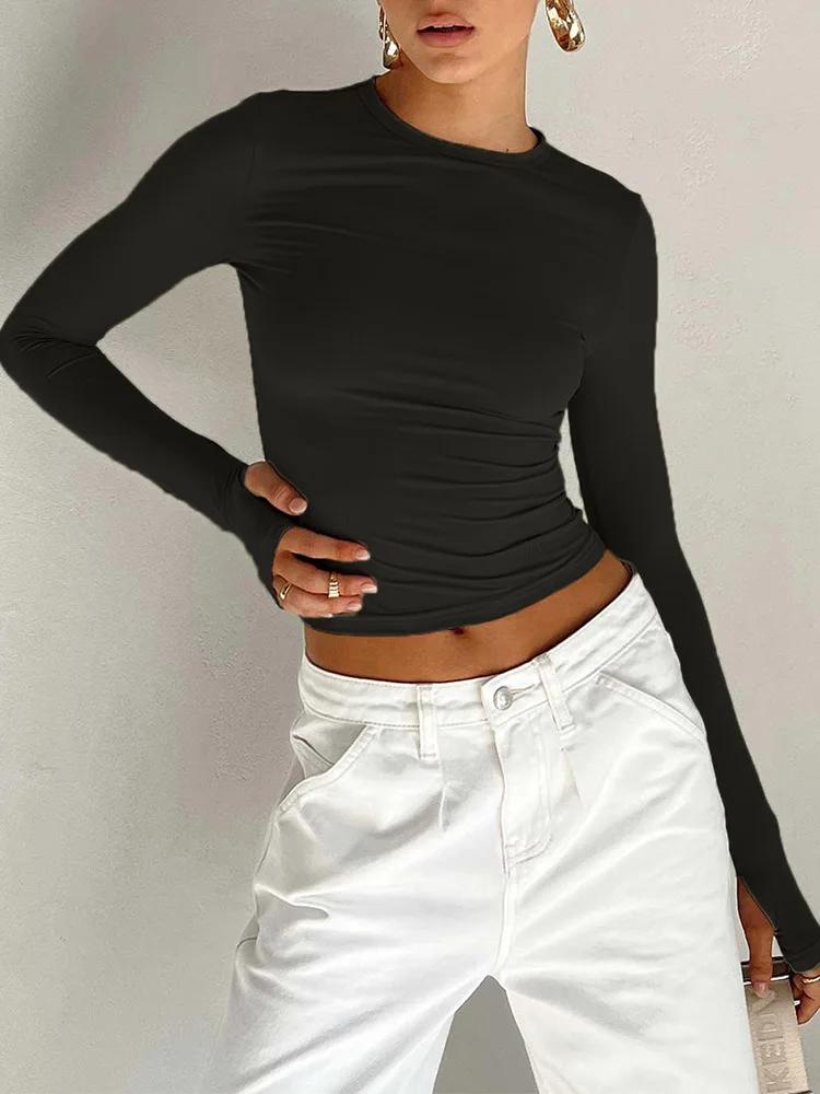 Mode femmes T-shirt à manches longues col rond solide coupe ajustée dames haut court avec trous pour