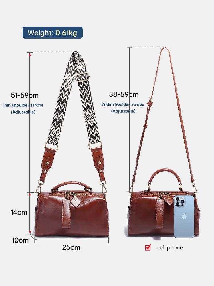 Sac à bandoulière en cuir ciré Zency pour femmes, sac à main avec deux longues sangles