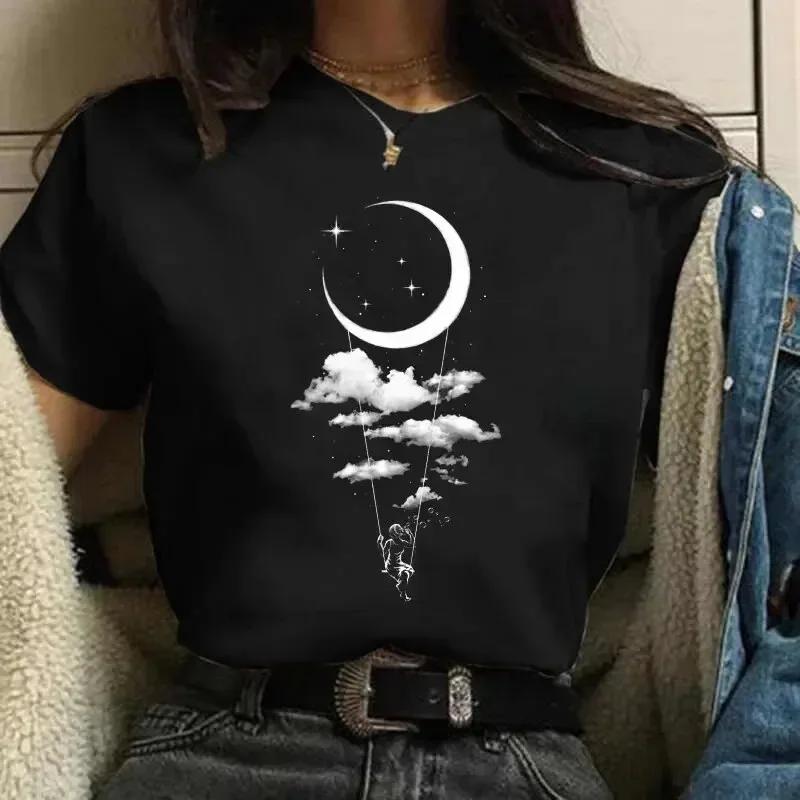 90s Lune Harajuku Drôle 90s Femmes T-shirt Fille Dessin Animé Graphique Imprimé Noir Dames T-shirt D