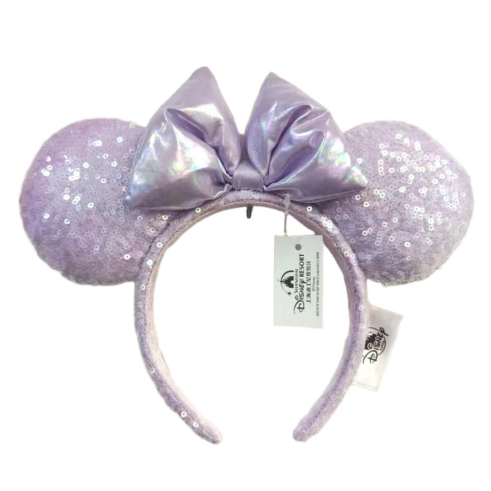 Bandeau oreilles Disney Minnie Mouse avec nœud à paillettes violettes, cerceau pour cheveux Cosplay 