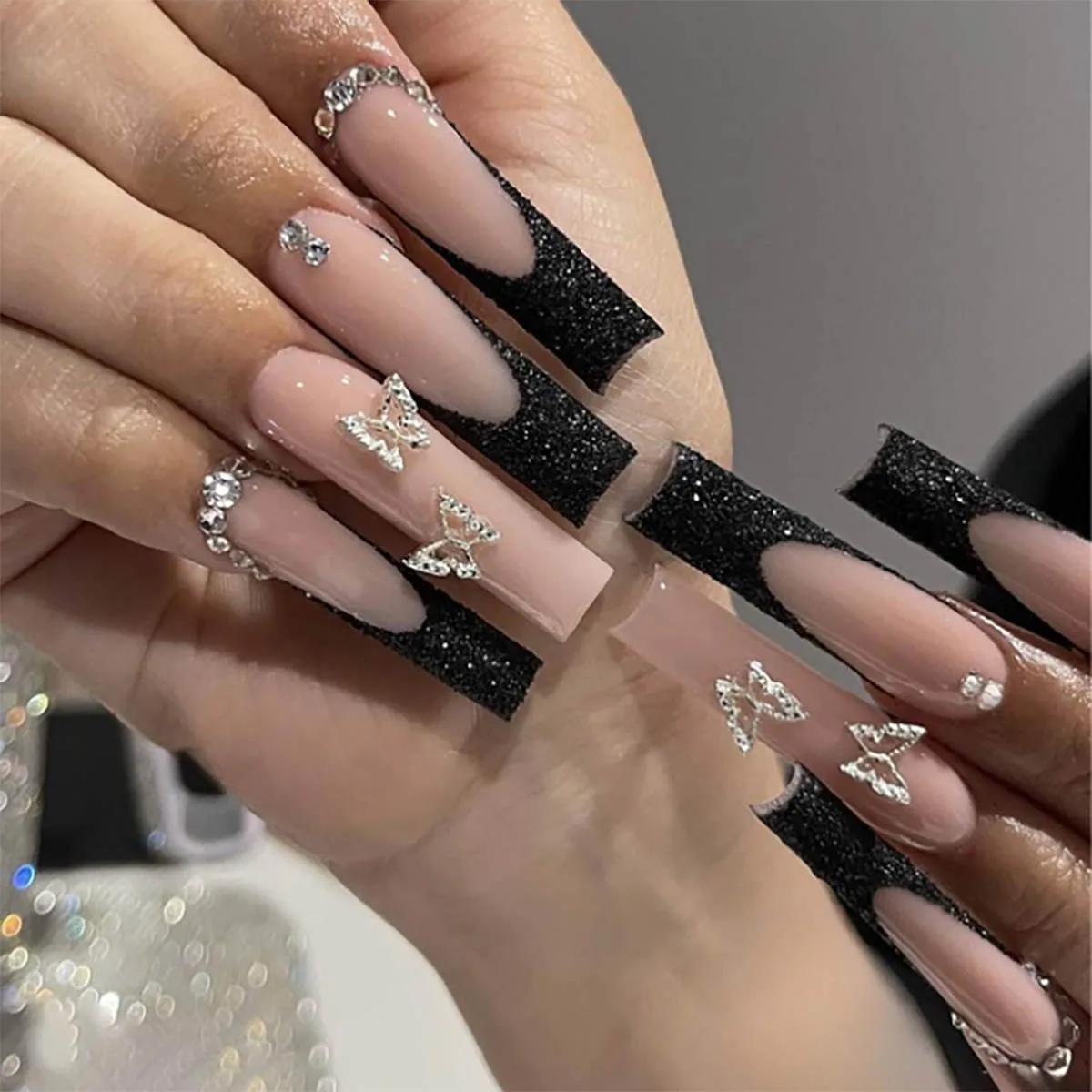 Ensemble de 24 pointes d'ongles français noires de forme rectangulaire, à la mode, avec paillettes e