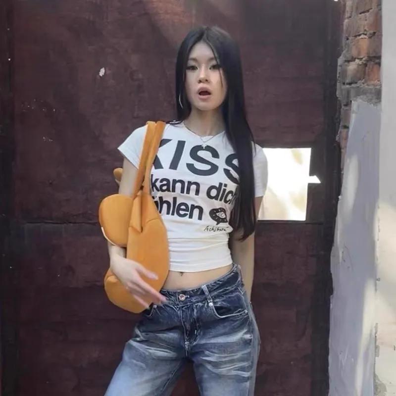 Karrram japonais Y2k lettre impression T-shirt Trashy 2000s Style haut court Vintage Harajuku manche
