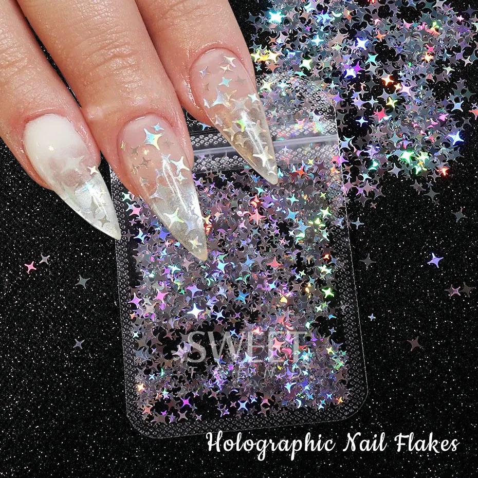 Paillettes holographiques pour ongles, étoile à quatre branches, Design Laser scintillant, breloque 