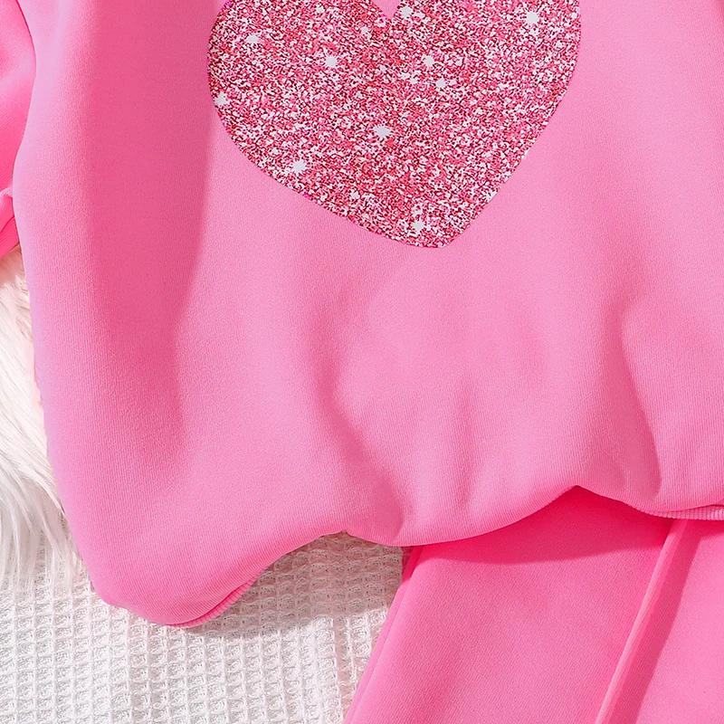 Ensemble de vêtements chauds pour enfants, couleur unie, imprimé cœur, haut et pantalon, sport décon