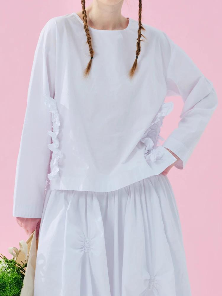 Imakokoni 2025 printemps Original coton lavé dentelle col rond chemise 244929